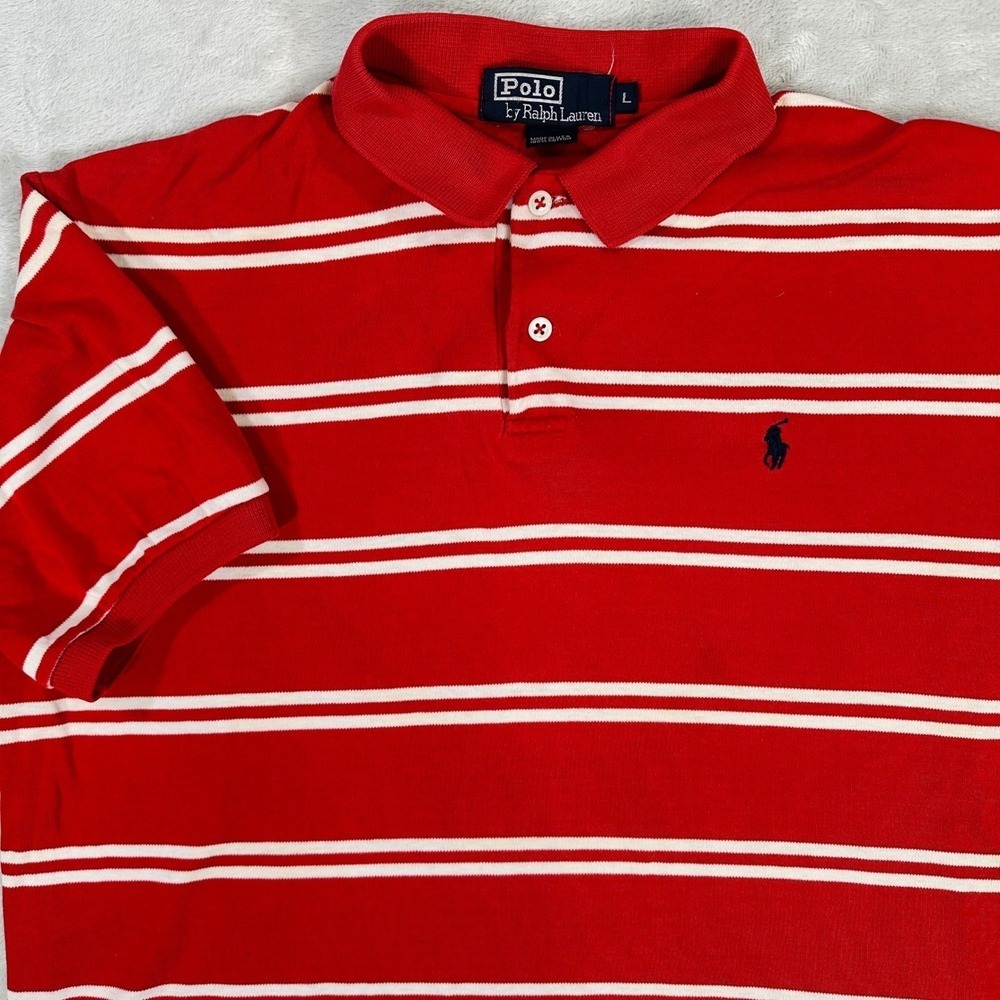 Polo Ralph Lauren Mens Large Red White Striped Short Sleeve Polo Shirt Made USA